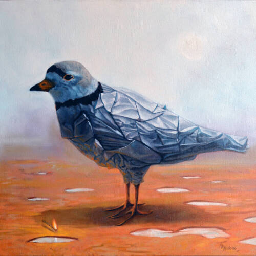 Bird standing on an orange surface. His head and legs are normal, but the rest of his body is made of small pieces of white paper.